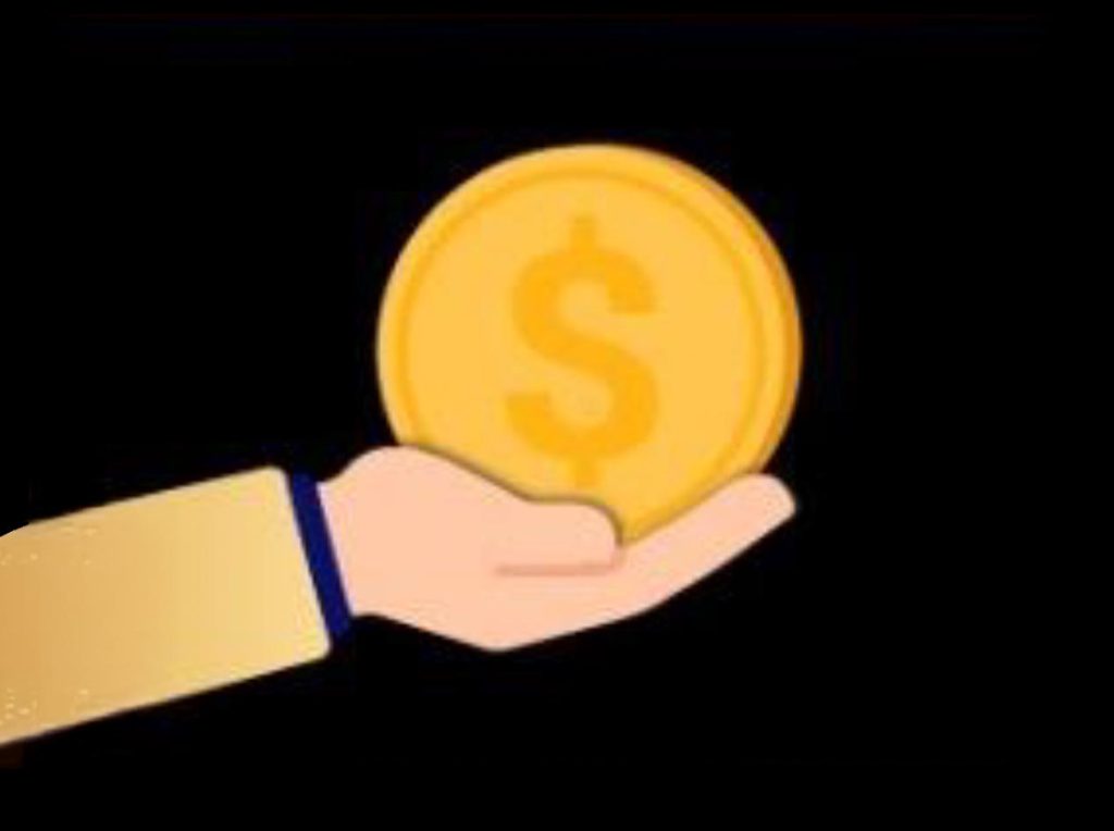 Illustration of a hand holding a gold coin with a dollar symbol.