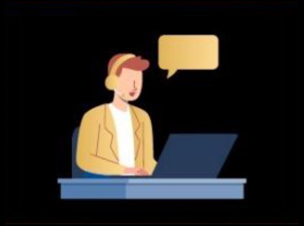 Illustration of a customer support agent wearing a headset and working on a laptop with a chat bubble above.