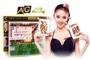 Asia Gaming live dealer holding playing cards in front of baccarat game interface
