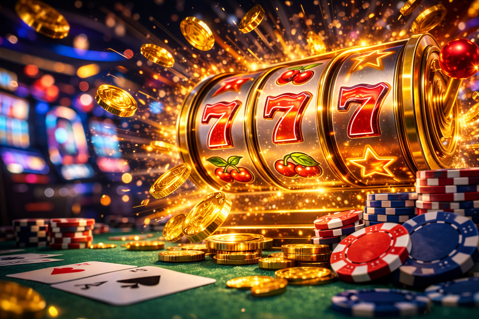 Ultra-realistic slot machine showing jackpot win with glowing reels, gold coins bursting outward, poker chips, and casino table elements