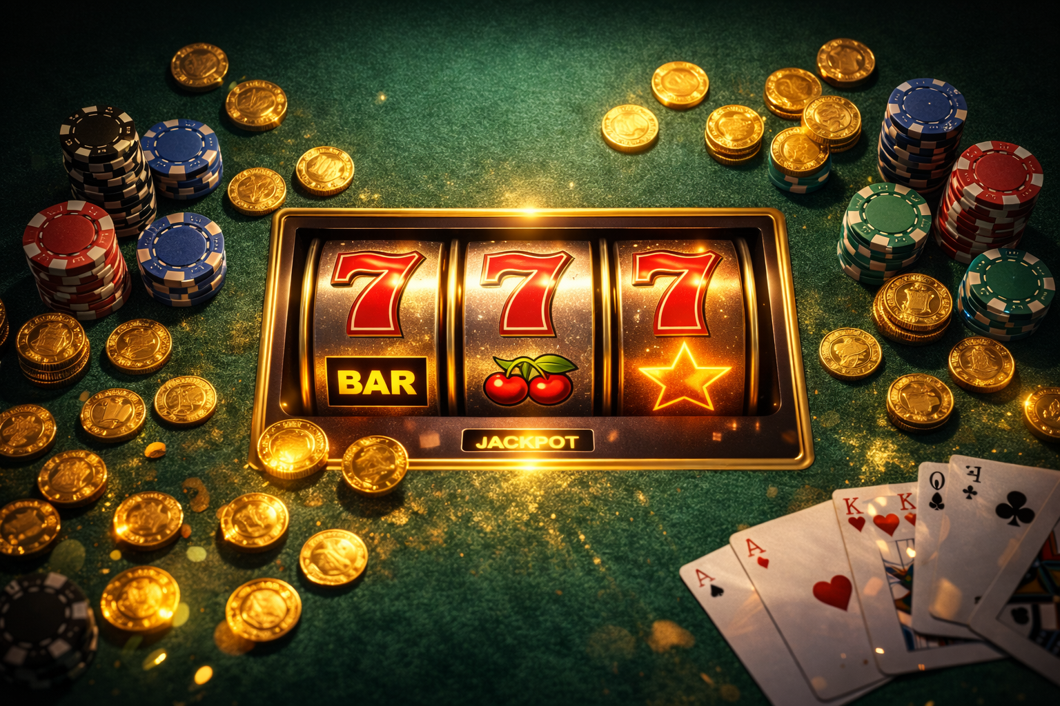 Top-down view of casino table with slot machine reels showing jackpot symbols, surrounded by gold coins, poker chips, and playing cards