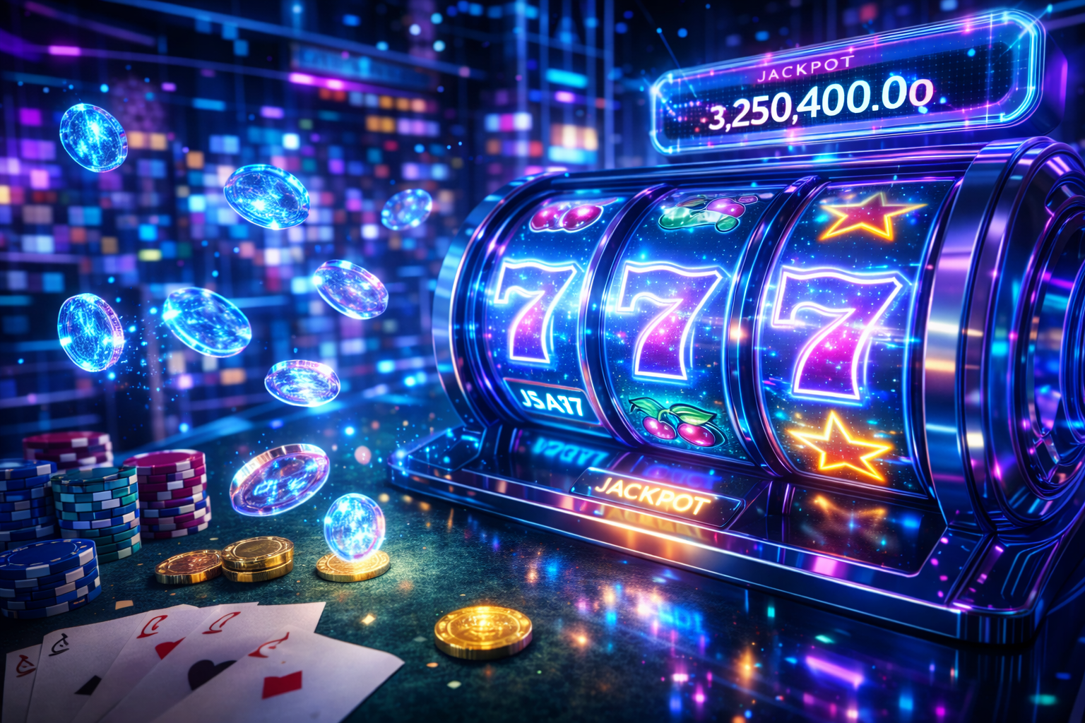 Cyberpunk style casino slot machine with glowing holographic reels, floating jackpot numbers, neon lights, and digital coins in a futuristic gaming environment