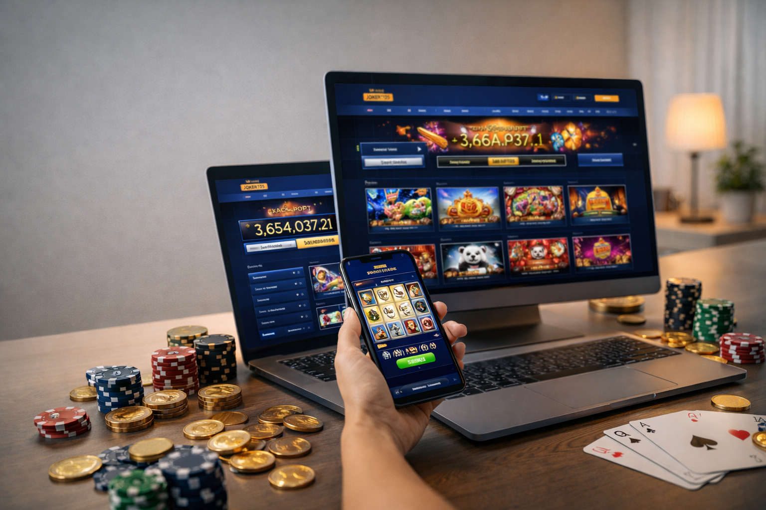 A premium online casino setup displaying Joker123 slots, jackpot counters, and gaming elements for an immersive experience