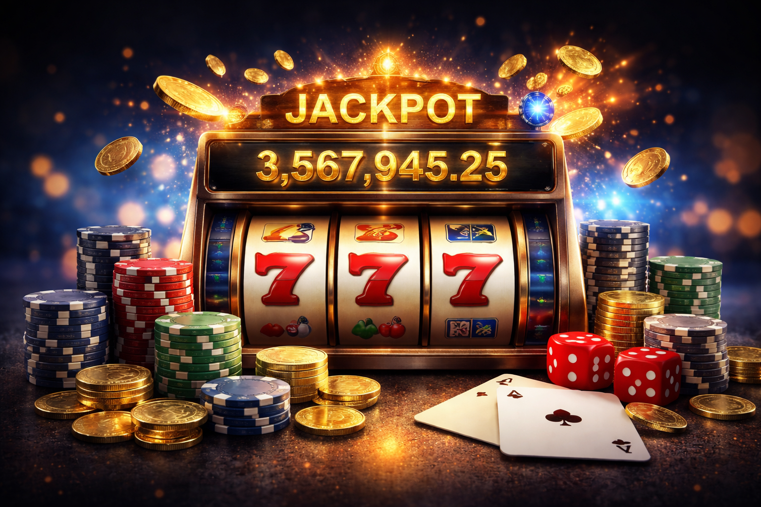 A premium casino setup featuring slot reels, jackpot display, and classic gaming elements like chips, coins, and cards