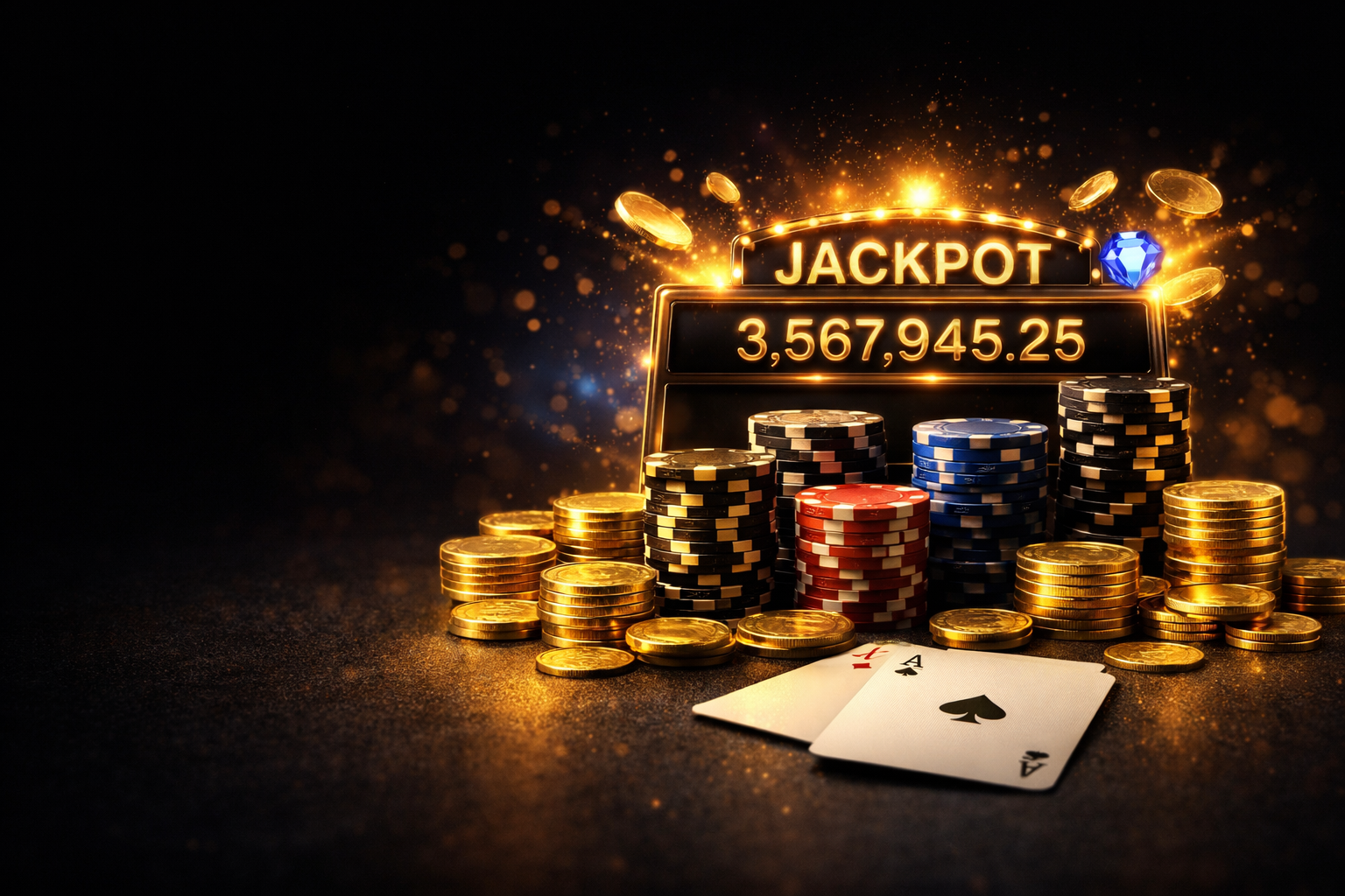 A high-end casino composition featuring jackpot display, gold coins, and premium poker chips in a luxury gaming atmosphere