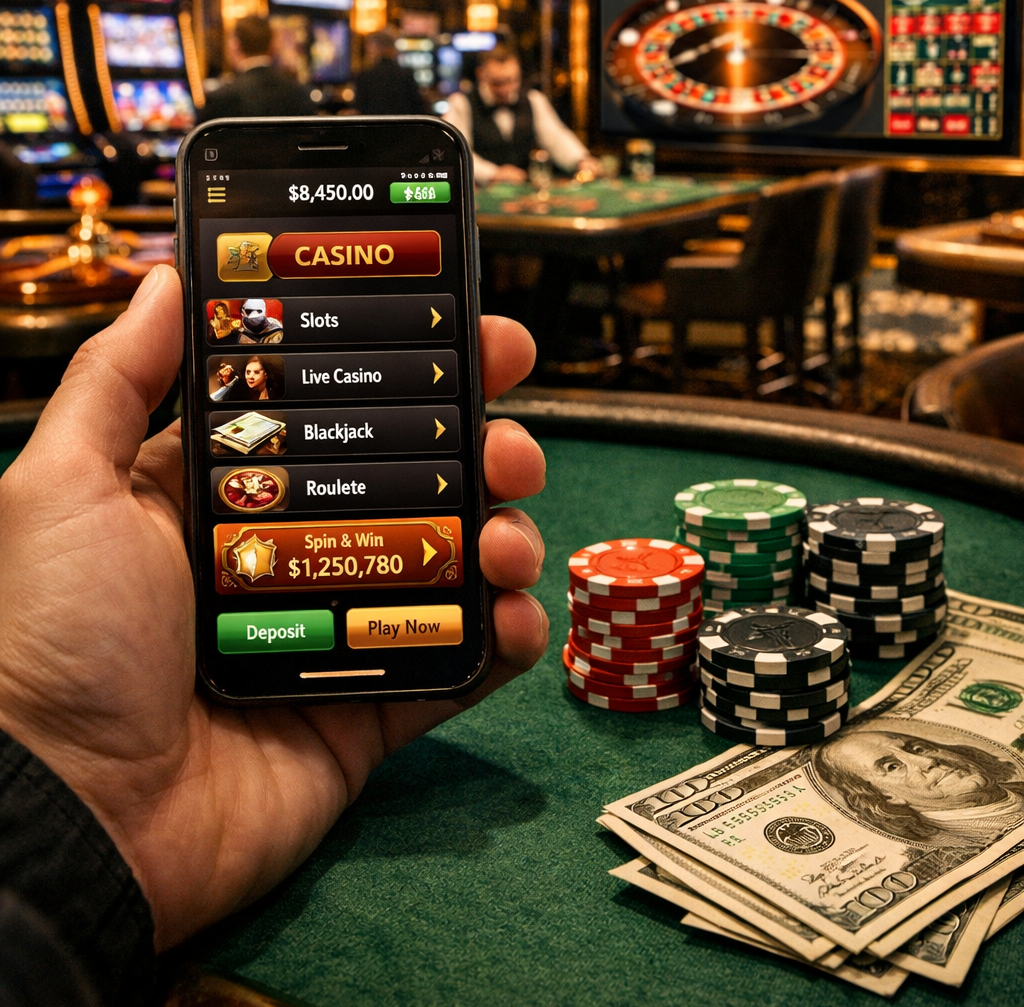 A person holding a smartphone displaying a casino app with options like slots, blackjack, and roulette, while sitting at a casino table with stacks of poker chips and US dollar bills, with a live roulette and gaming scene blurred in the background.