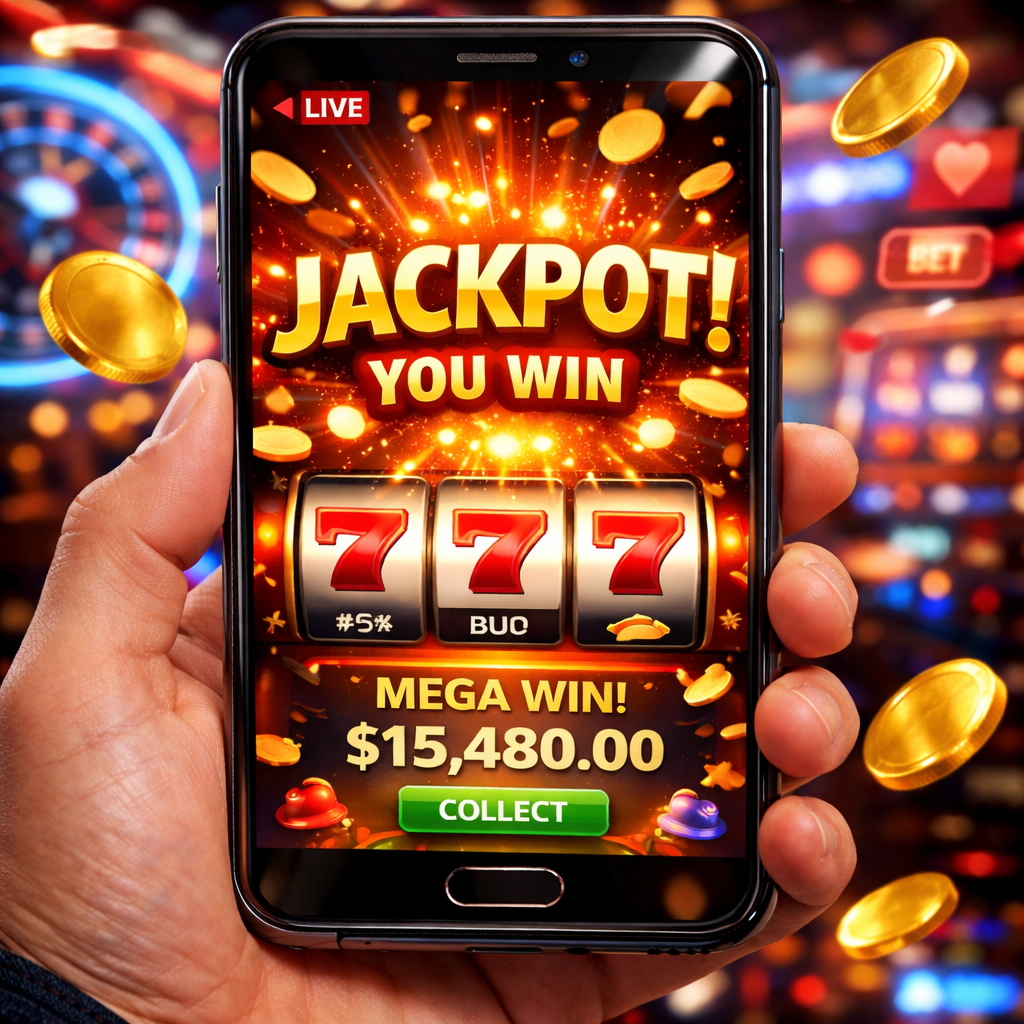 Close-up of a hand holding a smartphone displaying a winning online slot game with 777 symbols, “Jackpot You Win” text, and a mega win amount, surrounded by floating gold coins and blurred neon casino lights in the background.