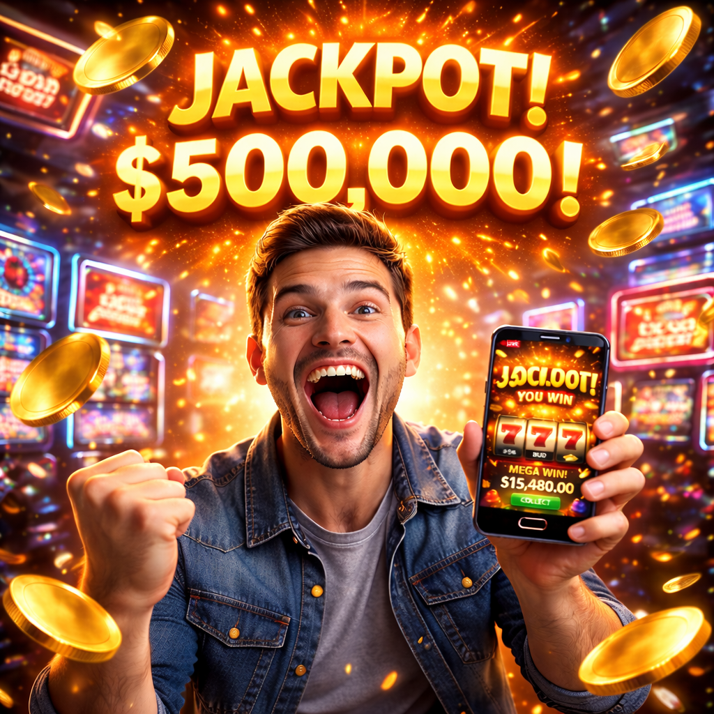 A photorealistic scene of a player celebrating a huge online casino jackpot win, holding a smartphone displaying a winning slot game, surrounded by flying gold coins, glowing jackpot numbers, neon casino lights, and dynamic digital betting interfaces in the background.