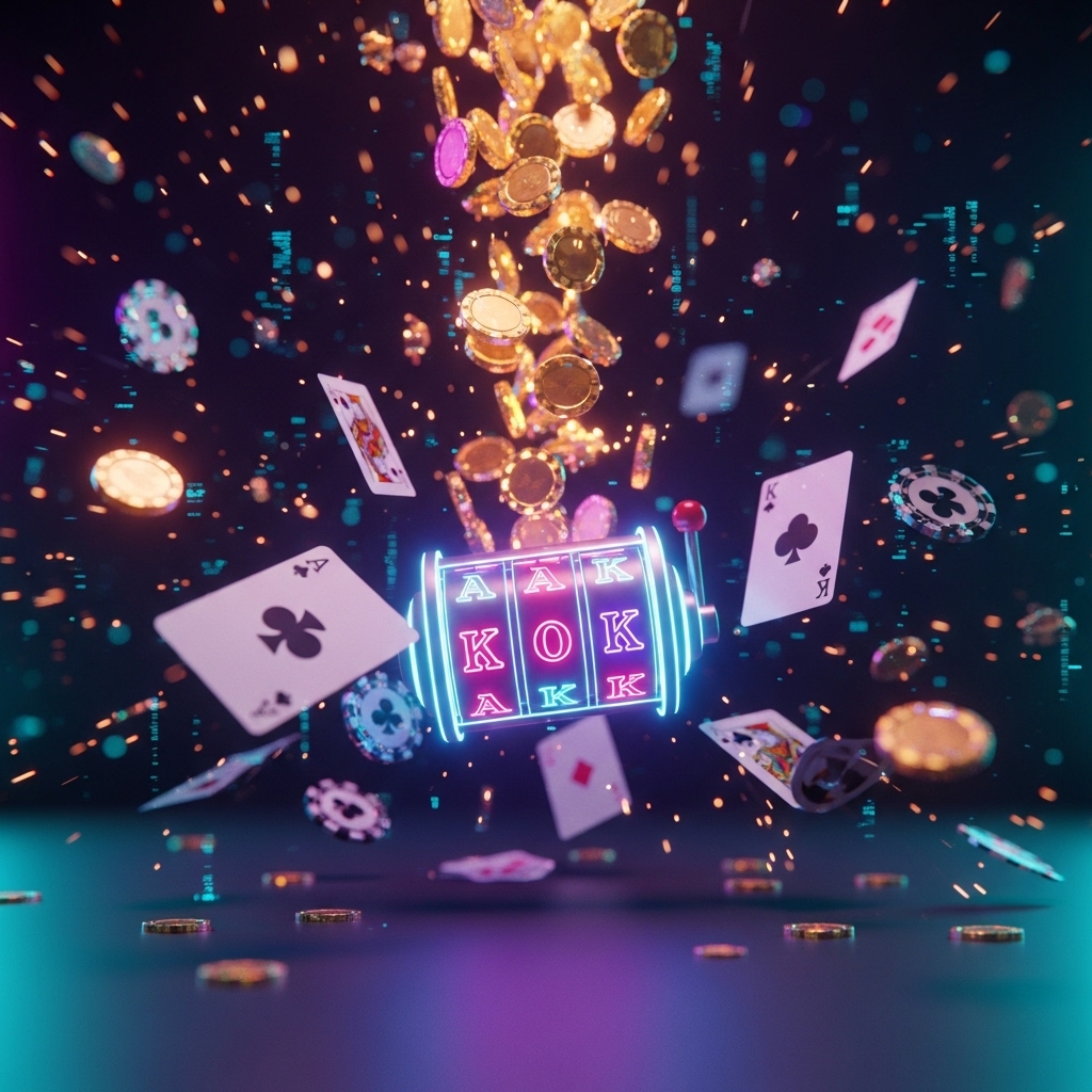 Abstract online casino jackpot scene featuring a glowing blue and pink slot machine with gold coins falling and playing cards floating in mid-air.
