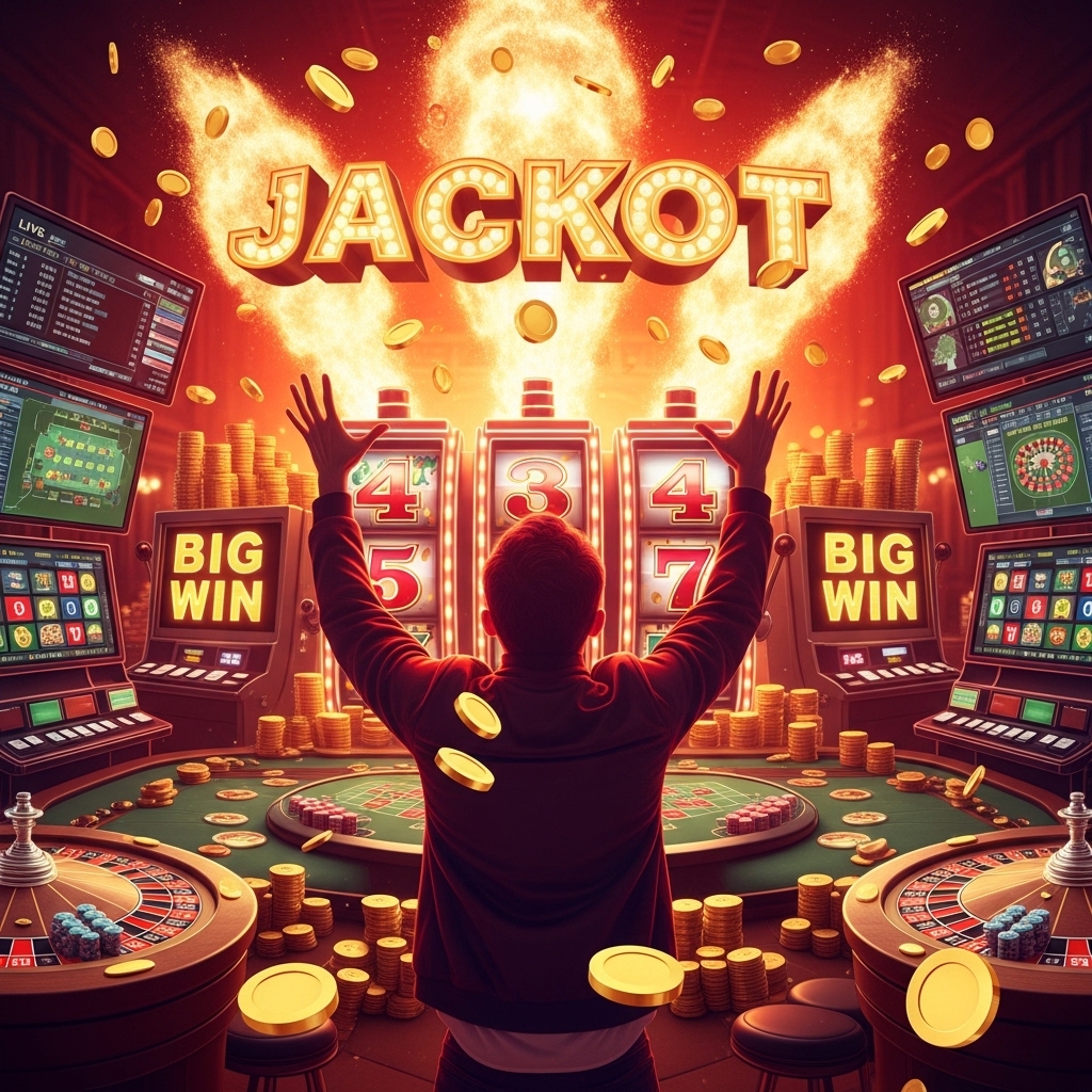 A man with his arms raised in celebration in front of slot machines displaying a "Big Win" and a glowing "Jackpot" sign with gold coins falling.