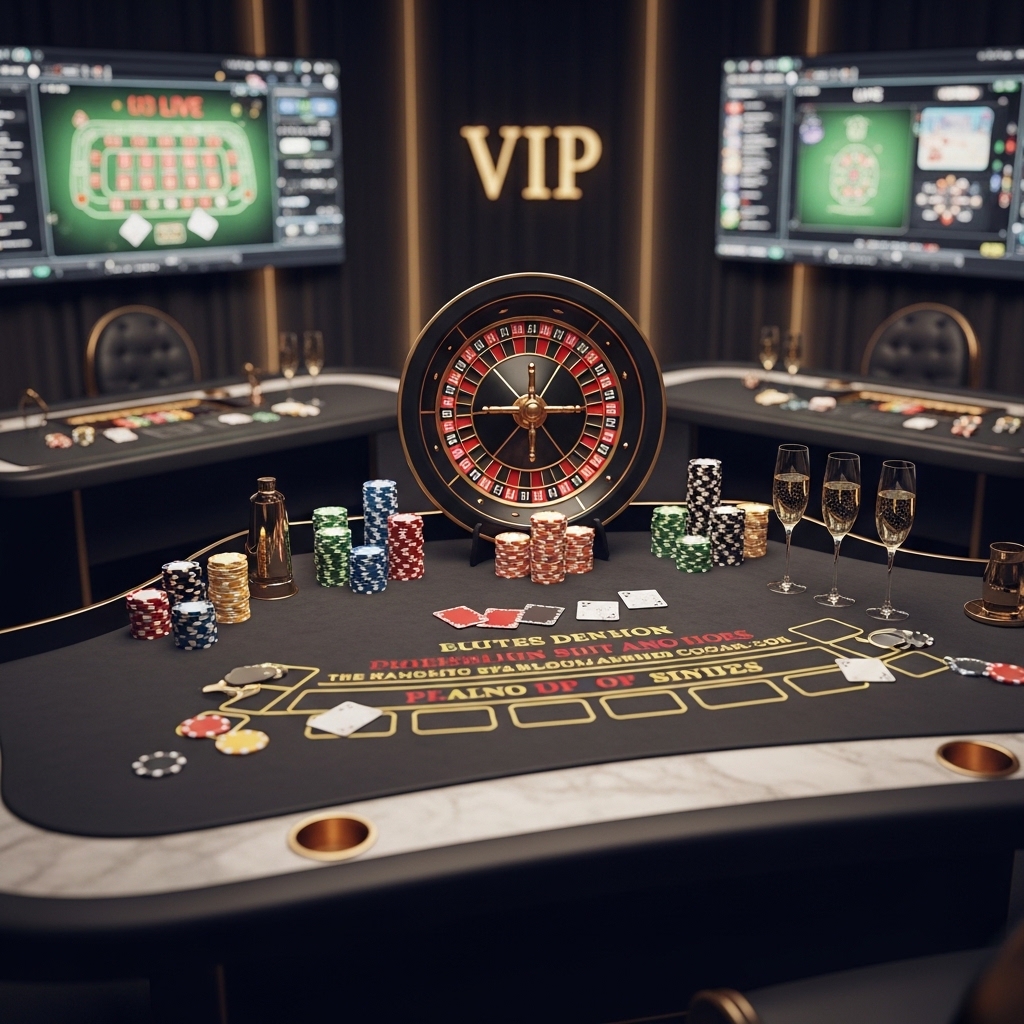 Professional live casino setup for online gambling, showing a roulette wheel and card table with premium decor and VIP branding.