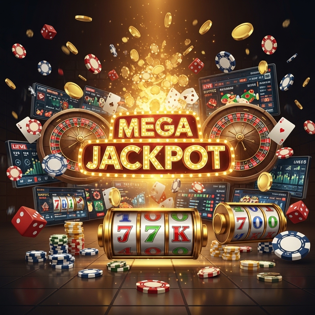 A luxurious 3D illustration of a golden bank vault door with a roulette wheel center, bursting with light and surrounded by piles of gold coins, casino chips, flying playing cards, and slot machines.