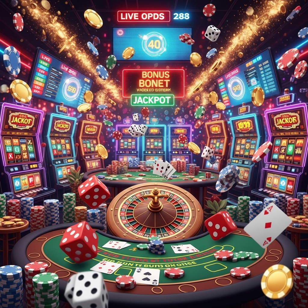 A wide-angle 3D illustration of a vibrant digital casino featuring rows of glowing slot machines, a central roulette wheel, poker tables, and flying red dice and gold coins under neon "Bonus" and "Jackpot" signs.