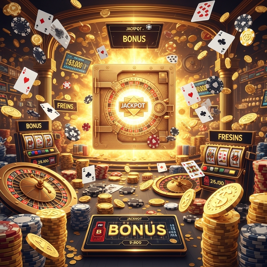 Premium iGaming visual featuring a golden jackpot vault, stacks of poker chips, and slot machines in a grand hall with classical pillars and golden atmospheric lighting.