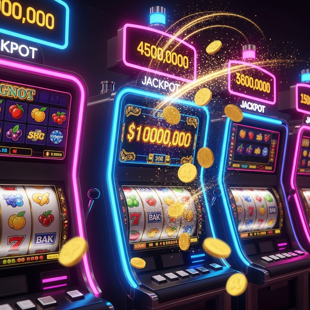 A row of brightly lit casino slot machines celebrating a $10,000,000 jackpot win, with gold coins exploding into the air and "JACKPOT" displayed prominently.