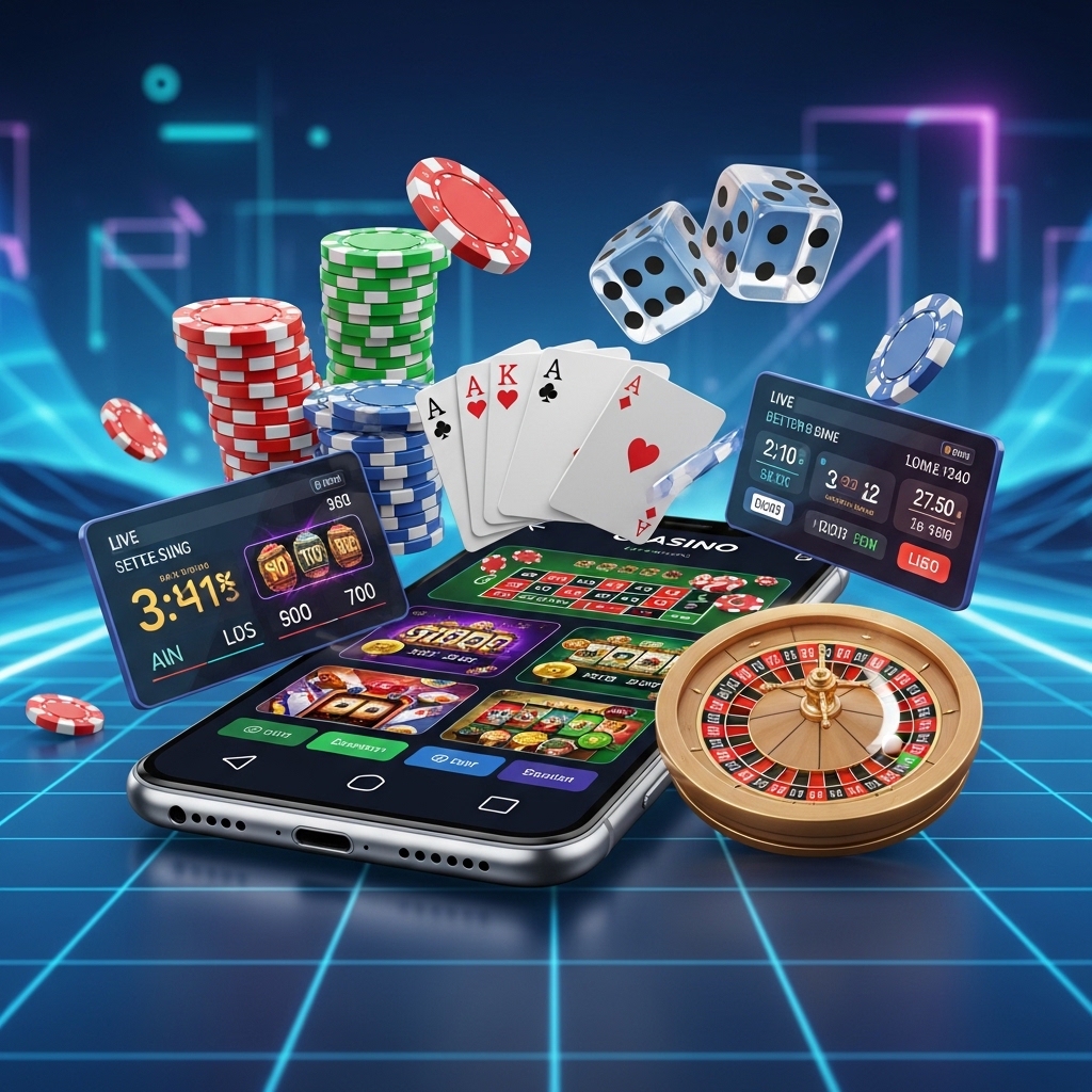 A 3D illustration of a smartphone displaying an online casino app, surrounded by floating poker chips, playing cards, dice, and a mini roulette wheel on a clean, reflective surface.