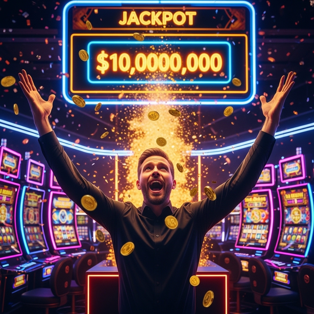 An ecstatic man celebrating a $10,000,000 jackpot win in a neon-lit casino, with his arms raised as gold coins and confetti rain down around him.