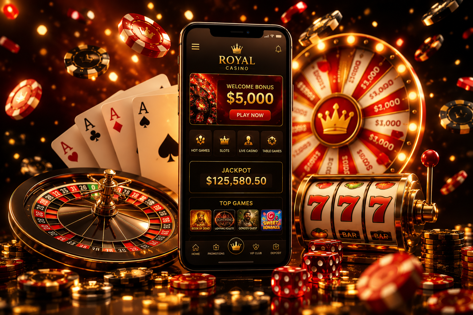 Ultra-realistic 3D render of a luxury online casino mobile app featuring a smartphone, roulette wheel, poker chips, playing cards, dice, and 777 jackpot slot machine.