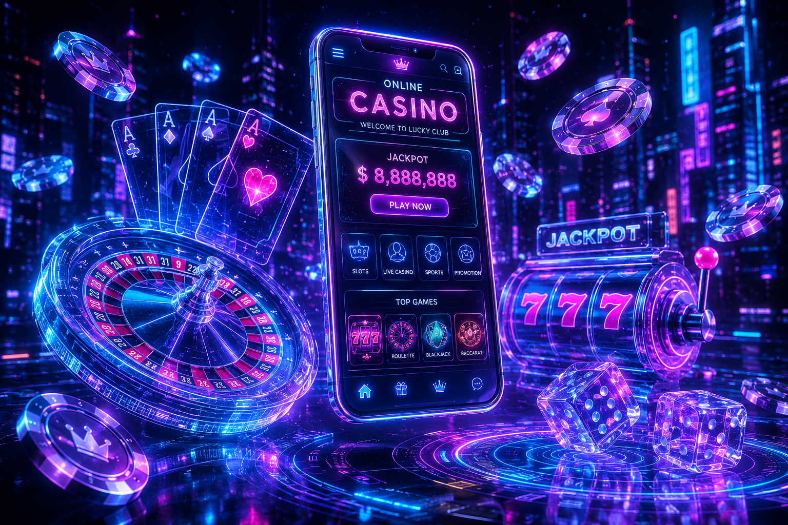 Ultra-realistic cyberpunk online casino scene featuring a holographic smartphone, neon casino interface, floating poker chips, digital roulette wheel, hologram playing cards, and glowing dice.