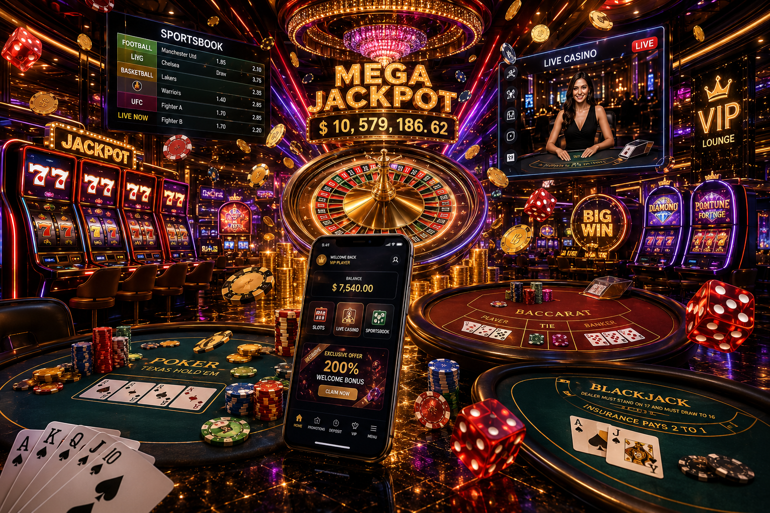 Ultra-realistic online casino feature image showing giant roulette wheel, blackjack and baccarat tables, multiple 777 slot machines, sportsbook screens, floating poker chips, dice, and luxury mobile casino app.