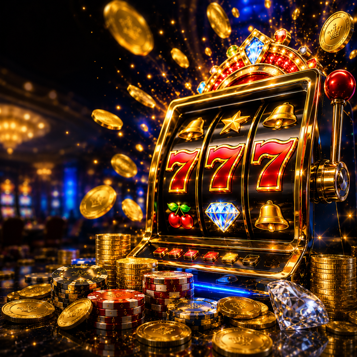 Square luxury online slot machine featuring glowing 777 jackpot symbols, cherries, diamonds, golden bells, poker chips, gold coins, and sparkling casino lighting in a premium gaming environment.