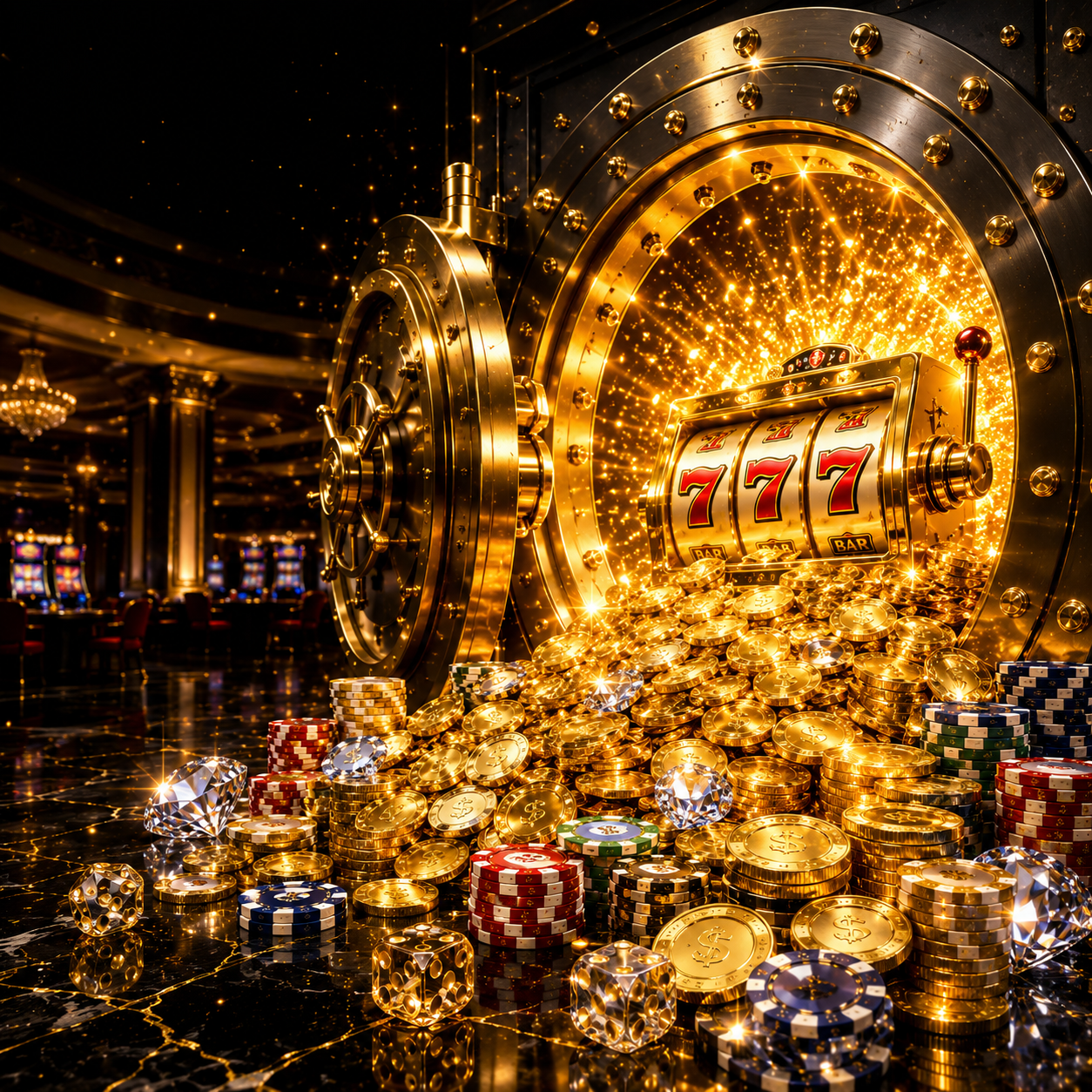 A premium online casino scene showcasing a massive vault overflowing with jackpot winnings, gold coins, poker chips, diamonds, and a glowing 777 slot machine symbolizing big rewards and luxury gaming.