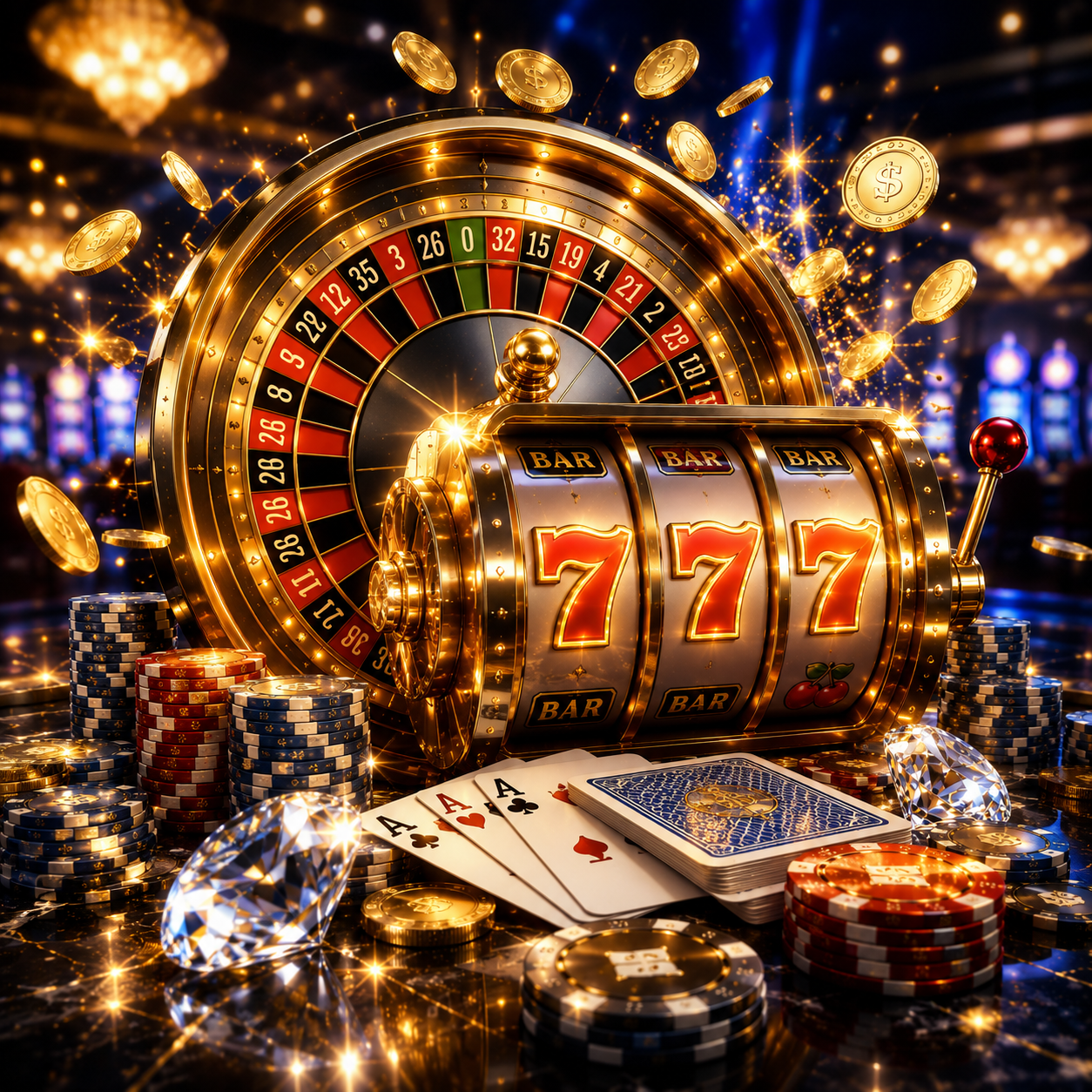 Square image featuring a giant luxury roulette wheel merging with glowing 777 slot machine reels, surrounded by poker chips, gold coins, sparkling diamonds, and playing cards in a premium casino setting.