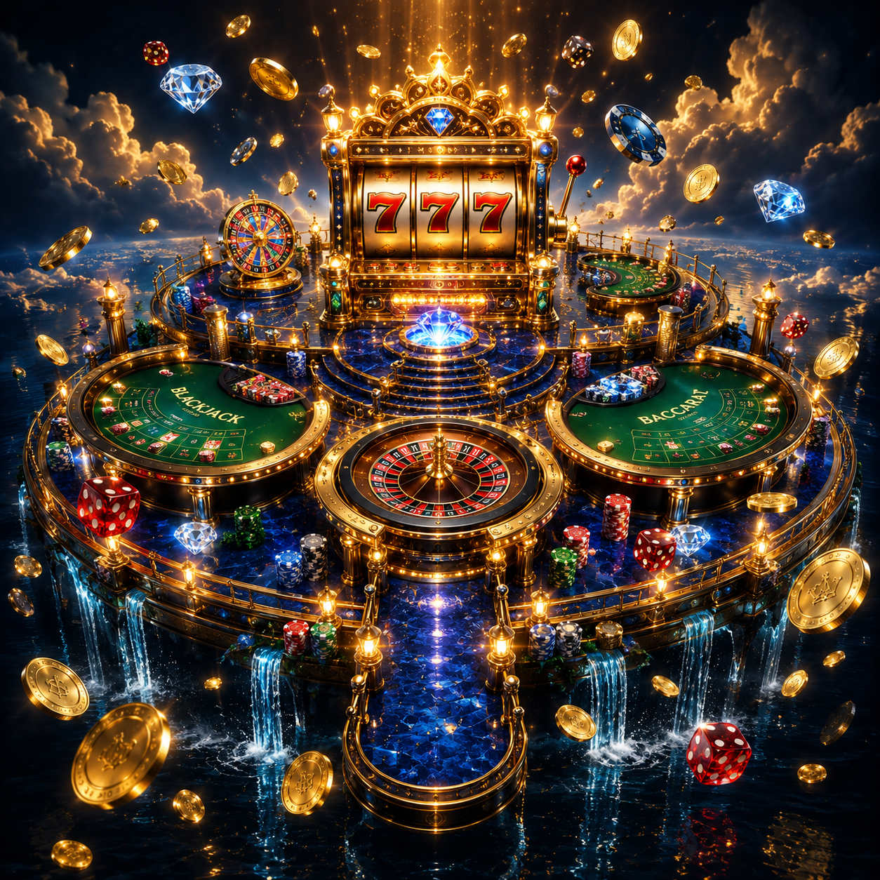 A fantasy-inspired online casino island showcasing glowing 777 slot machines, roulette, blackjack, baccarat, floating gold coins, and luxurious gaming elements in a magical premium casino setting.