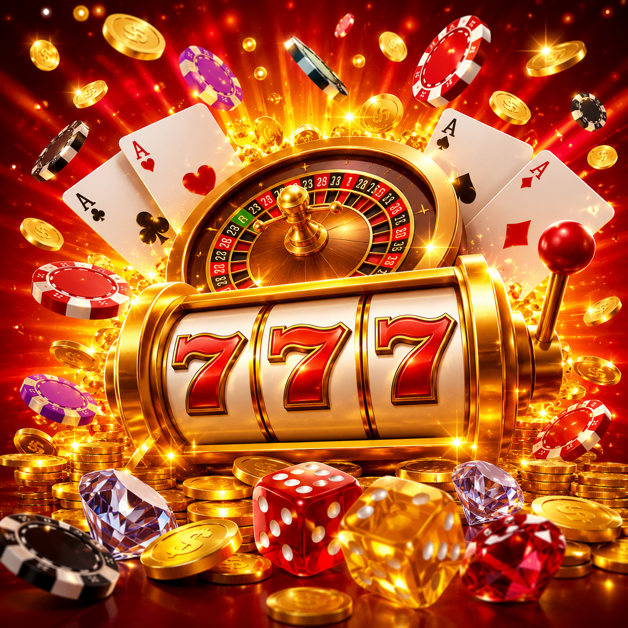 A vibrant online casino illustration showcasing a glowing 777 slot machine, roulette wheel, flying poker chips, gold coins, crystal dice, and premium jackpot rewards in a festive casino atmosphere.