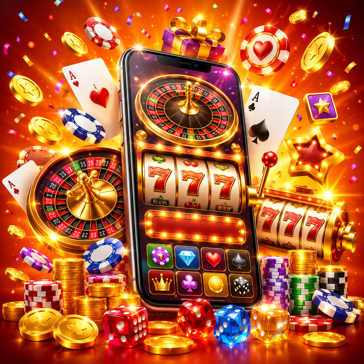 A vibrant 3D online casino illustration showcasing a mobile casino platform with 777 slot games, roulette, poker chips, bonus rewards, gold coins, and exciting jackpot effects for a premium gaming experience.