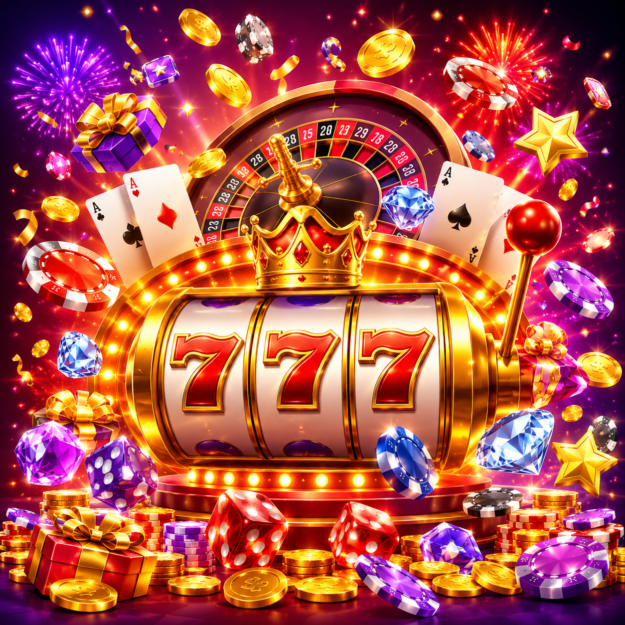 A vibrant online casino illustration showcasing a golden 777 jackpot slot machine, roulette wheel, bonus rewards, gift boxes, fireworks, poker chips, gold coins, and sparkling casino elements in a festive gaming atmosphere.