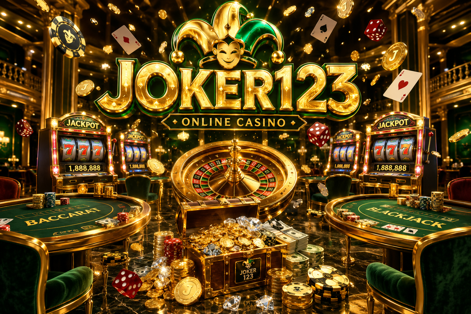 Ultra-realistic promotional artwork for Joker123 Online Casino featuring a giant illuminated Joker123 logo above a golden roulette wheel, premium 777 slot machines, luxurious baccarat and blackjack tables, raining gold coins, casino chips, playing cards, ruby dice, and a treasure chest filled with cash and diamonds inside an elegant VIP casino.