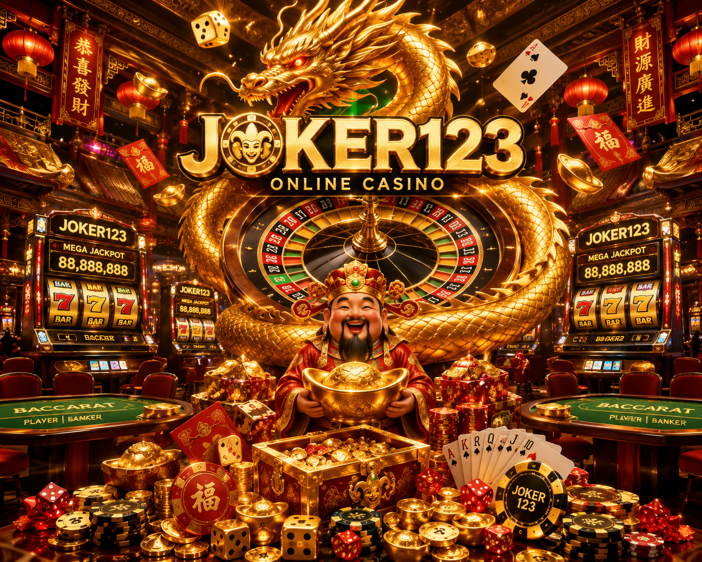 Ultra-realistic Joker123 Online Casino promotional artwork featuring a luxurious Asian-inspired casino palace with a giant golden dragon wrapped around a roulette wheel, 财神 (God of Wealth), premium 777 slot machines with mega jackpots, VIP baccarat tables, floating gold ingots, red envelopes, poker chips, dice, playing cards, and warm lantern lighting in an elegant red and gold casino atmosphere.
