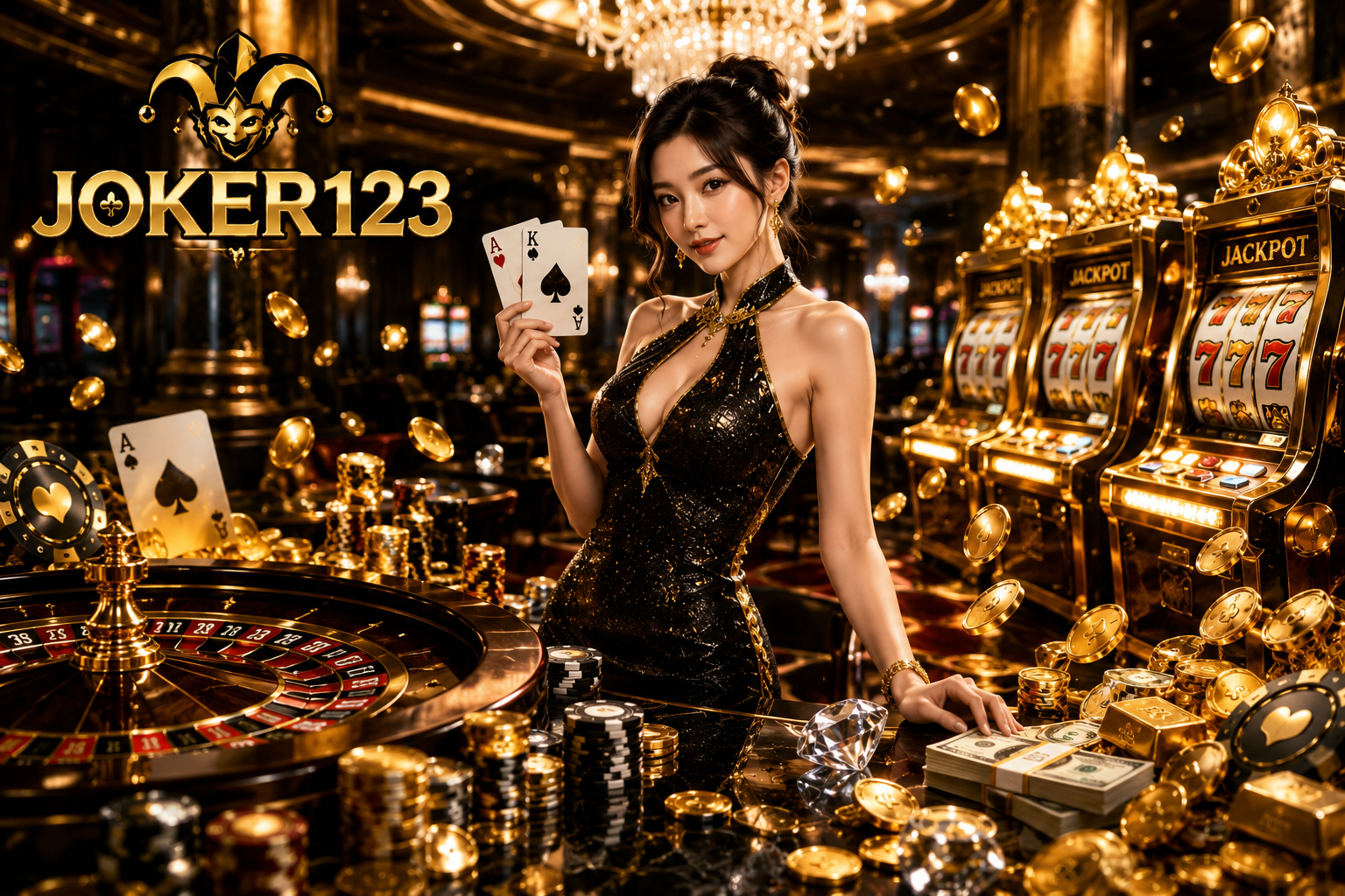 A luxurious Joker123 online casino scene featuring a glamorous female dealer, golden slot machines, poker chips, roulette wheel, and overflowing jackpot coins inside an elegant black and gold casino.