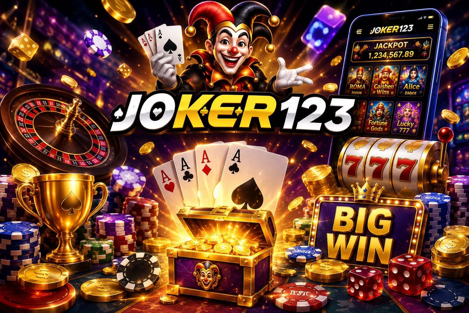រូបភាពផ្សព្វផ្សាយ Joker123 ជាមួយតួកំប្លែង Joker កាតបៀ បន្ទះរ៉ូឡែត ឈីបកាស៊ីណូ មាស រង្វាន់ Jackpot ម៉ាស៊ីន Slot 777 និងស្លាក Big Win ដ៏ទាក់ទាញ