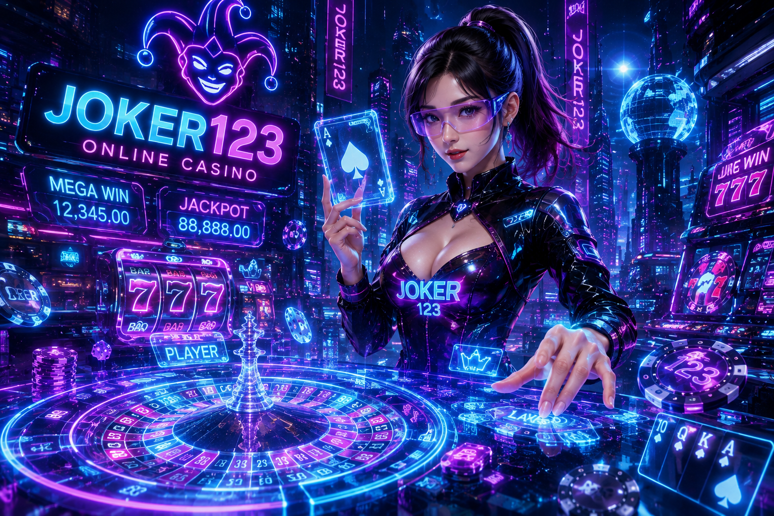 A futuristic Joker123 online casino with holographic slot machines, neon lights, digital jackpots, and a cyberpunk casino dealer inside a glowing sci-fi city.