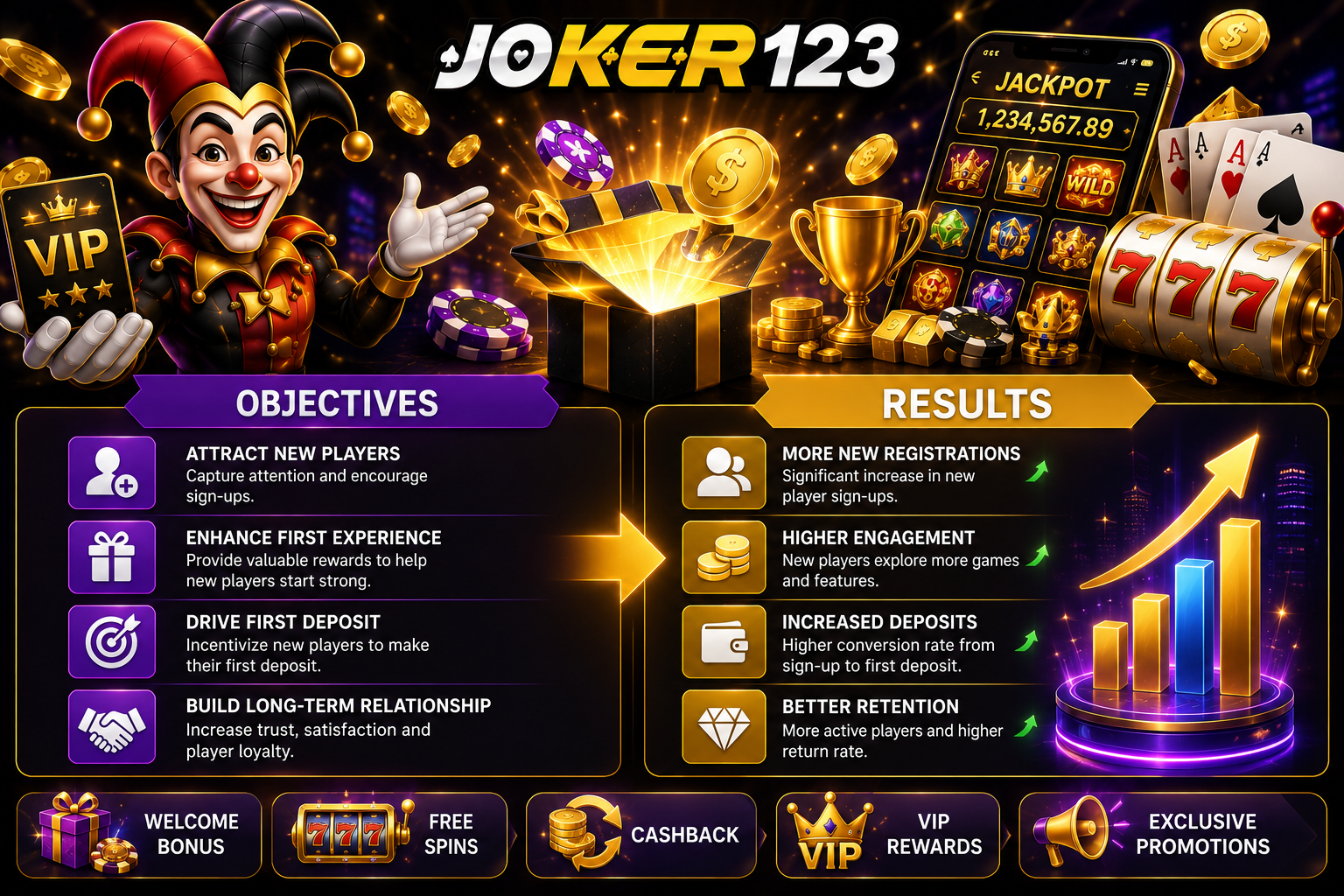 រូបភាពផ្សព្វផ្សាយ Joker123 បង្ហាញការផ្ដល់ជូនសម្រាប់អ្នកប្រើថ្មី ដូចជា Welcome Bonus, Free Spins, Cashback, VIP Rewards និង Exclusive Promotions ជាមួយរូបភាព Jackpot, កាក់មាស, ឈីបកាស៊ីណូ និងតួ Joker។