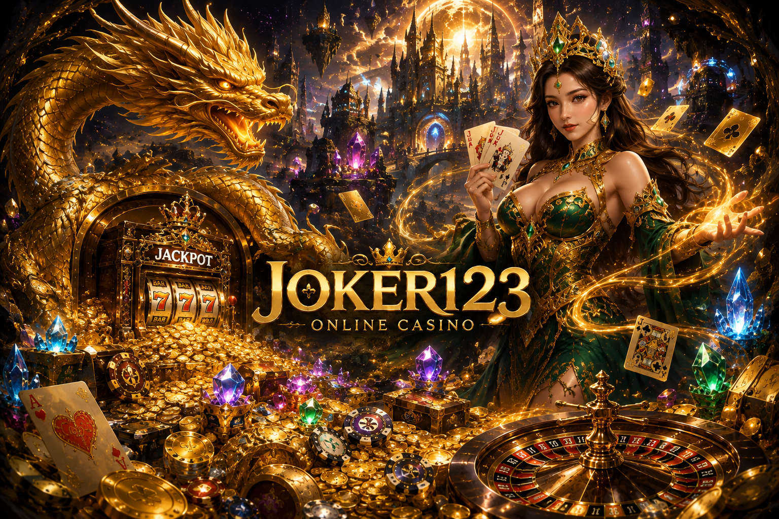 A fantasy-themed Joker123 online casino featuring a majestic golden dragon, magical slot machines, treasure chests, jackpots, and a royal fantasy queen in an enchanted castle.