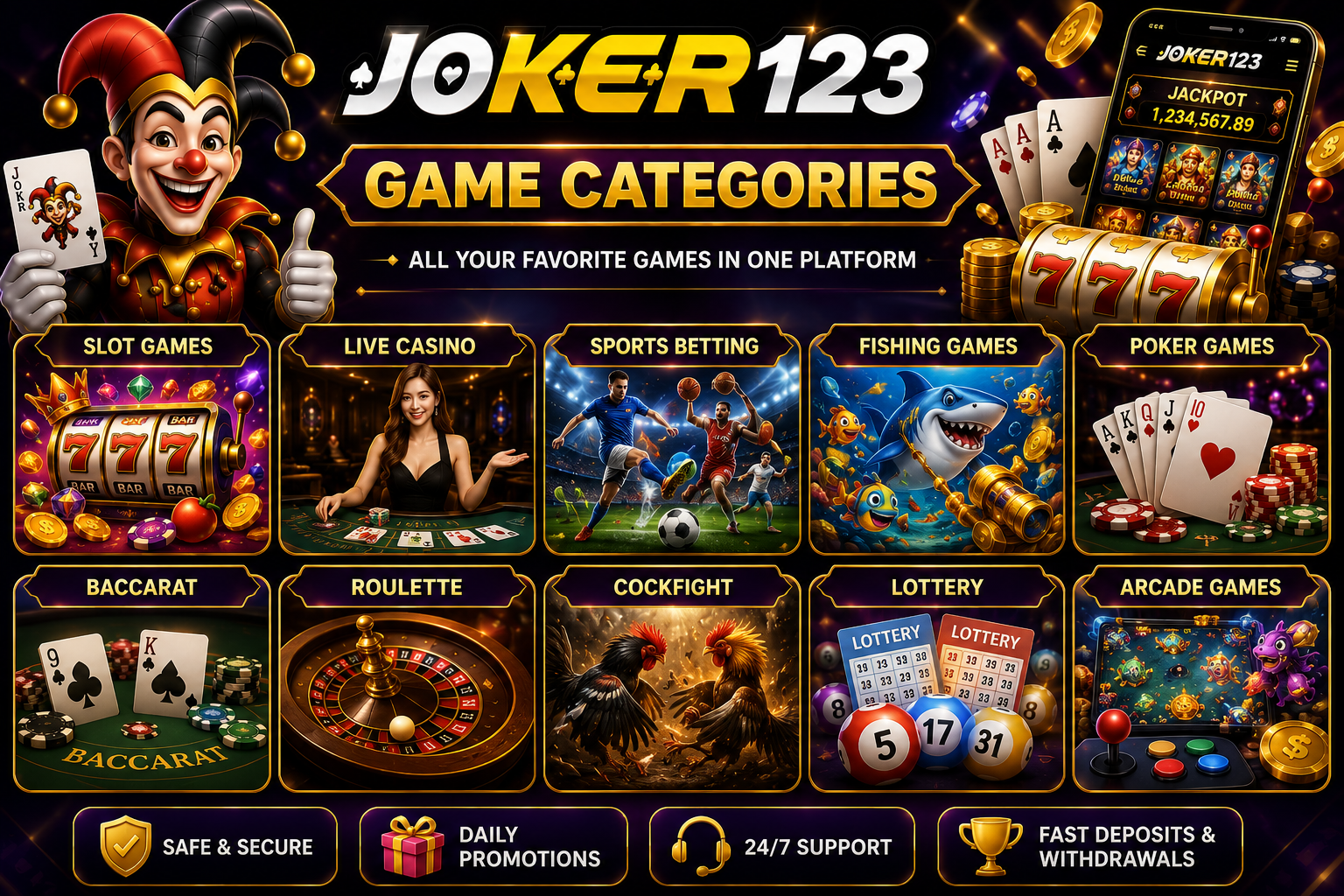 រូបភាពផ្សព្វផ្សាយ Joker123 បង្ហាញប្រភេទហ្គេមជាច្រើន ដូចជា Slot, Live Casino, Sports Betting, Fishing, Poker, Baccarat, Roulette, Cockfight, Lottery និង Arcade Games ជាមួយតួ Joker កាក់មាស និងឈីបកាស៊ីណូ។